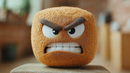 Funny toy with face on wooden stand in room, closeupの素材