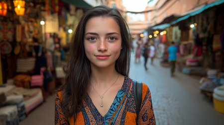 Young beautiful woman in the streets of the old city. Shallow depth of field.の素材
