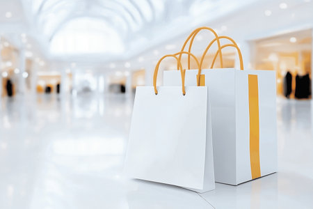 Blank paper shopping bags in shopping mall. 3d rendering.の素材