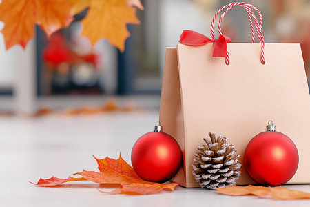 Christmas shopping bag with red christmas balls and pine cone on blurred backgroundの素材
