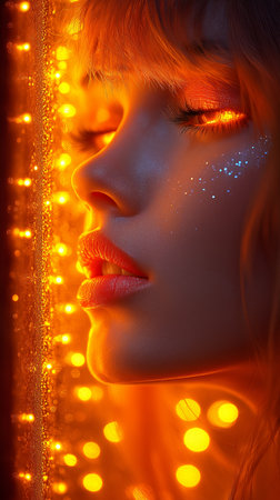 Beautiful girl with bright make-up and sparkles on her faceの素材