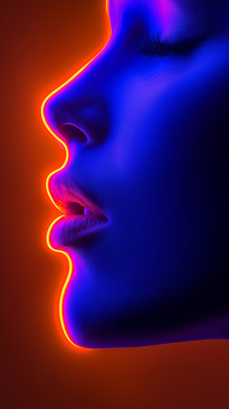 Digital Illustration of a Woman's Face in Blue and Red Lightの素材