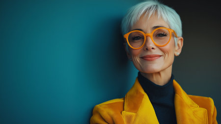 Portrait of a beautiful middle-aged woman in yellow jacket and glassesの素材