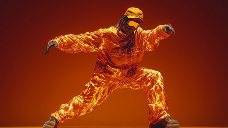 Hip hop dancer in orange costume dancing in studio on orange backgroundの素材