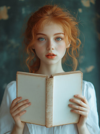 Portrait of a beautiful redhead girl with a book in her handsの素材