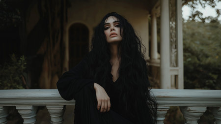 Brunette girl with long black hair posing in the park.の素材