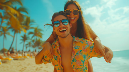 happy young romantic couple in sunglasses have fun running and relaxing on beautiful beachの素材