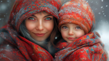 Portrait of mother and daughter in red knitted scarves and scarfs.の素材
