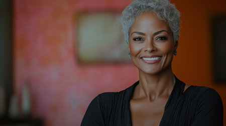 Portrait of a beautiful african american woman smiling at cameraの素材