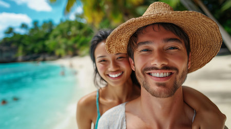 Happy young couple on a tropical beach at Seychelles.の素材