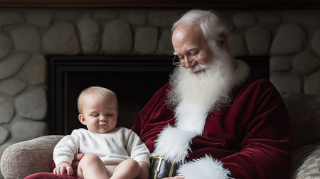 Portrait of Santa Claus sitting with his baby grandson at home.の素材