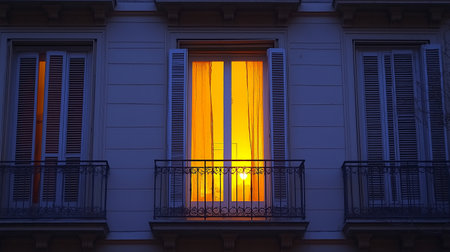 Sunset in the window of a building in Lisbon, Portugal.の素材