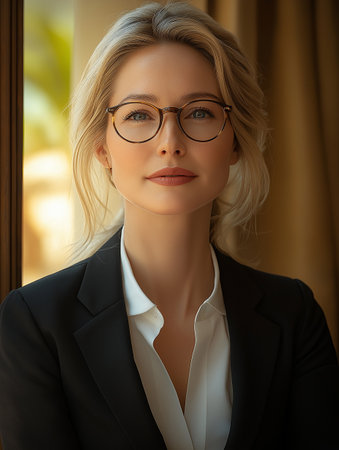 Portrait of a beautiful young businesswoman in a suit and glasses looking at the camera.の素材