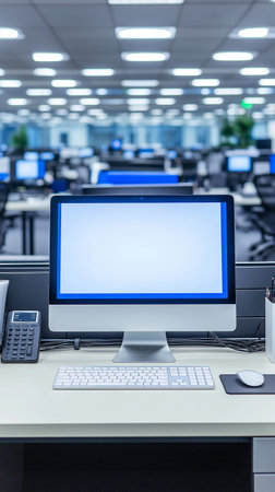 Computer monitor with blank screen on table in modern office, closeupの素材
