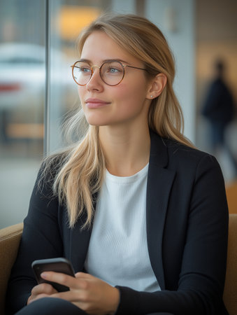 Portrait of young businesswoman in eyeglasses using mobile phone in officeの素材