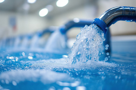Water flowing from the shower in the swimming pool, close-upの素材