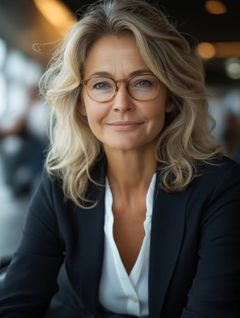 portrait of smiling mature businesswoman in eyeglasses in officeの素材