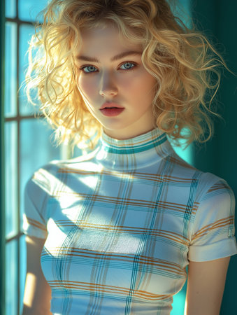 Portrait of a beautiful blonde girl with curly hair. Beauty, fashion.の素材