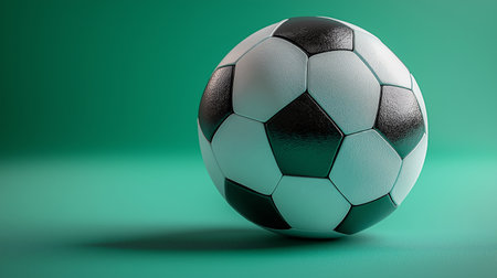 Soccer ball on green background. 3D illustration. Copy space.の素材