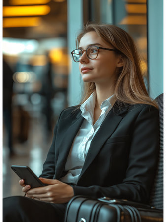 Portrait of a young businesswoman in a suit and glasses using a mobile phone.の素材