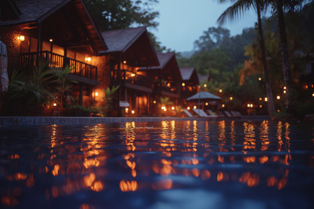 swimming pool at night in the tropics with a lot of waterの素材
