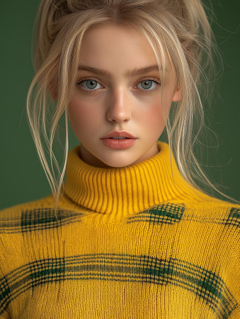 Portrait of a beautiful young blonde woman in a yellow sweater.の素材
