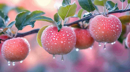 Red apples with water drops on a branch in the garden after rainの素材