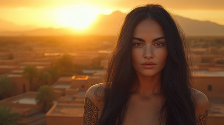Beautiful asian woman with long black hair posing at sunset.の素材
