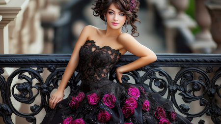 Beautiful young woman in black dress with roses in her hair.の素材