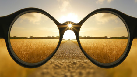 Sunset through a pair of sunglasses on a path through wheat fieldの素材