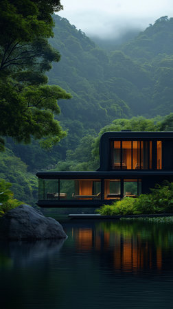 Modern house in the middle of the forest with lake and mountain backgroundの素材