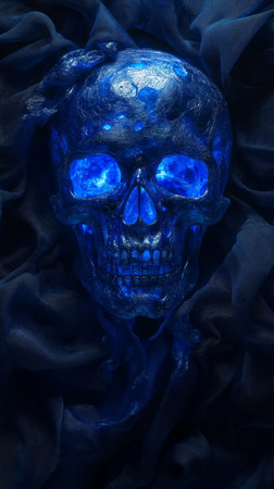 Skull on blue silk background. Halloween concept. 3D Renderingの素材