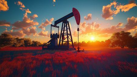 Oil pump on sunset background. Oil industry equipment. 3d renderの素材