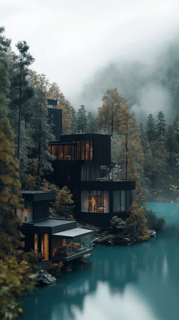 Modern house on the bank of a mountain lake in the fog.の素材