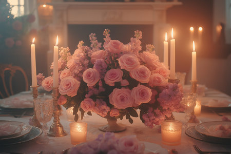 Beautiful table setting with pink roses and candles. Vintage style.の素材