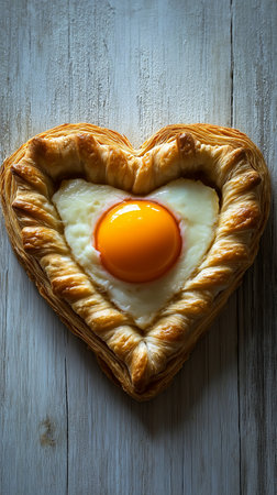Heart-shaped egg in a puff pastry on a wooden board.の素材