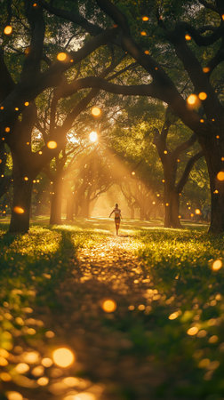Woman walking in the park at sunset with golden lights and shadows.の素材
