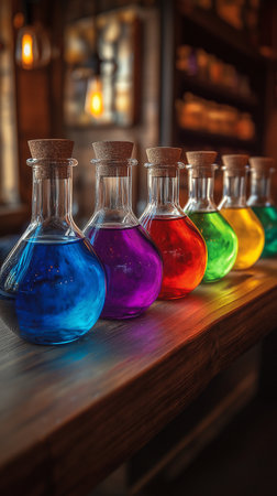 Colorful laboratory flasks with liquids on the shelf in the darkの素材