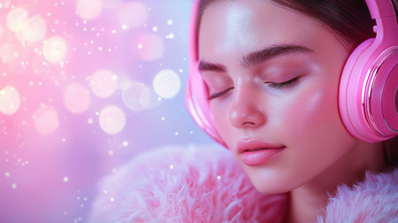 Portrait of a beautiful young woman in pink headphones. Beauty, fashion.の素材