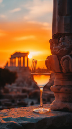 Glass of white wine on the background of the Parthenon at sunset, Athens, Greeceの素材