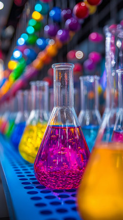 Laboratory glassware with colorful liquid in science research laboratory, science backgroundの素材