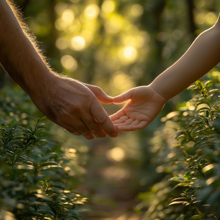Father and son holding hands in the garden. Concept of love and family.の素材