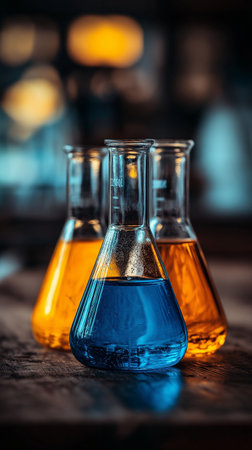 Laboratory glassware with blue and yellow liquid on a wooden tableの素材