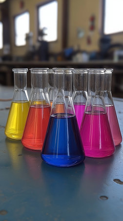 Chemical laboratory test tubes with multicolored liquid in the laboratoryの素材