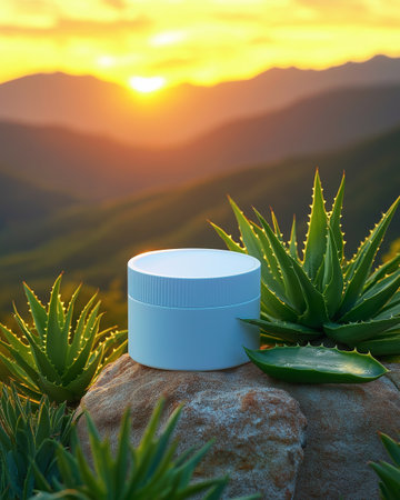 cosmetic cream with aloe vera plant on rock at sunsetの素材