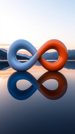 Infinity symbol on a lake with reflection in the water. 3d renderの素材