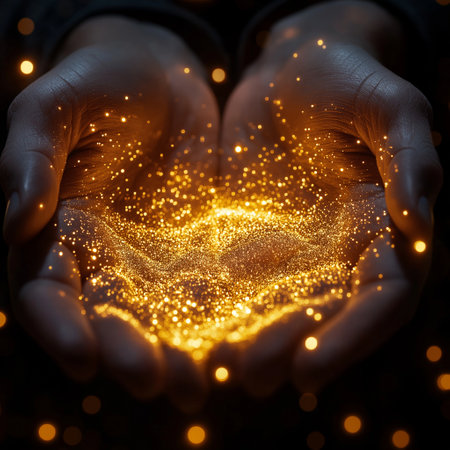 Close up of female hands with magic glowing sparkle bokeh backgroundの素材