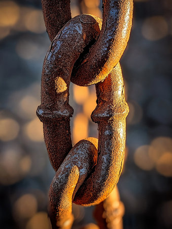 Close up of rusty chain link. Abstract background. Selective focus.の素材