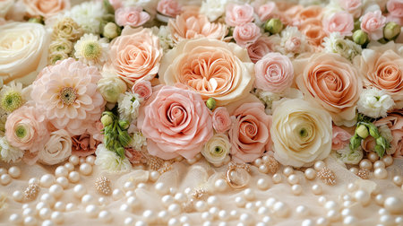 Beautiful roses and pearls on beige background, closeupの素材