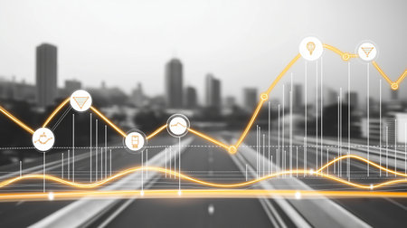 Background conceptual image with high tech graphs and charts on cityscape backgroundの素材